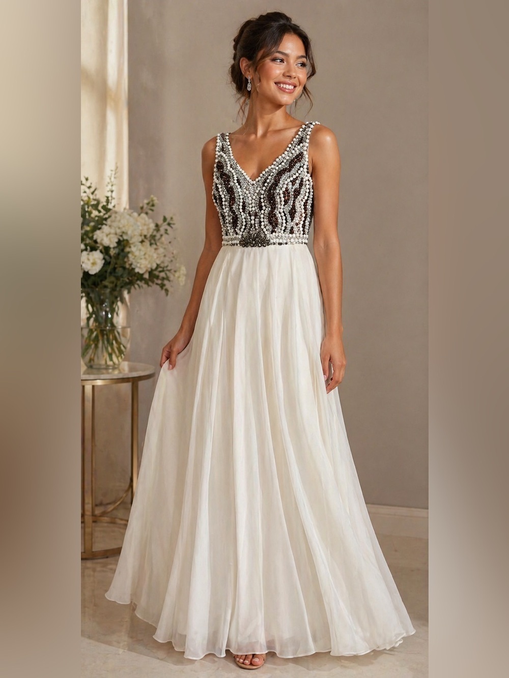 Splash Silver and White Sequin Plunge Gown